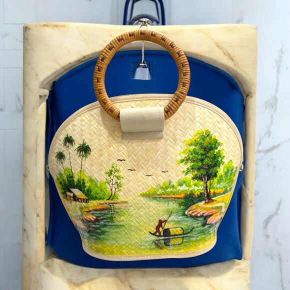 Vintage ECO- Friendly Woven Artisan Painted Eagle Grass Vietnamese Hand Bag - Picture 1 of 9